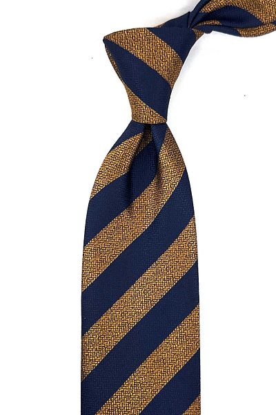Kravatkolik Yellow - Navy Blue Stripe Pattern Classic Tie with Handkerchief Kk13145