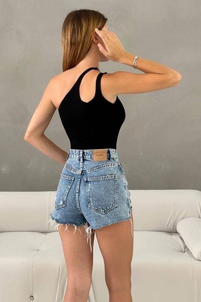 lovebox Дамска блуза от гъвкав трикотаж с единична презрамка, черна, 0300