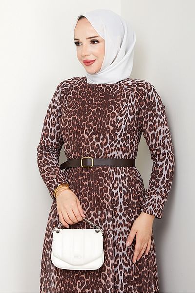 Bestenur Φόρεμα σιφόν Leopard Pattern 1350 - Καφέ