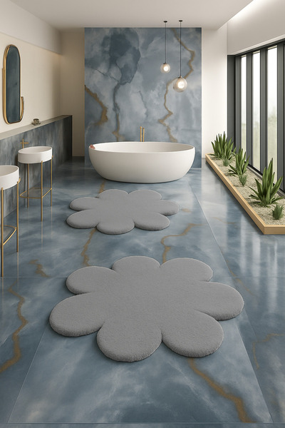 KEVLİNE Banyo PaspasıYuvarlak Papatya Şekilli İkili Klozet Takımı 80x80 - 60x...