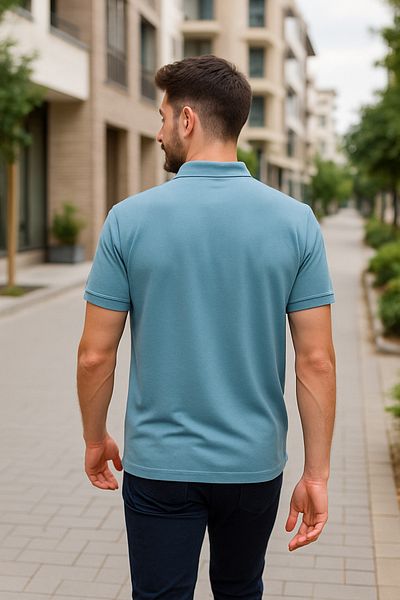Maccali Men's Slim Fit Short Sleeve Basic Baby Blue Polo Neck T-Shirt