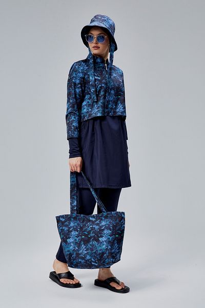 MASSMİZO Midnight Blue Women's Short Patterned Zippered Full Covered Hijab Swimsuit Set of 3