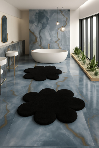 KEVLİNE Banyo PaspasıYuvarlak Papatya Şekilli İkili Klozet Takımı 80x80 - 60x...