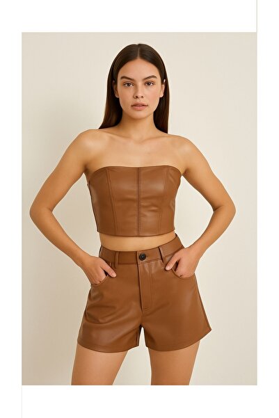 Sahi Стилен и удобен дамски комплект от кожа – къс топ, 2 части
