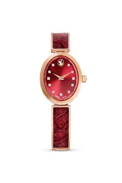 Swarovski Crystal Rock Oval Watch, Swiss Made, Metal Bracelet, Red, Rose Gold Color Surface
