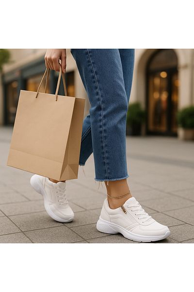 Bitmedeniste Pantofi sport ortopedici albi pentru femei, cu talpă groasă, pantofi casual cu fermoar