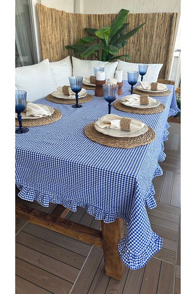 Decamor home Thin Linen Navy Blue Gingham Ruffled Tablecloth