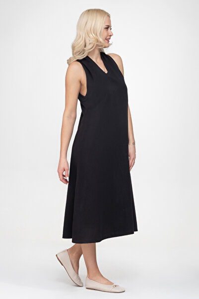 Bold & Young Kadın V Yakalı Cepli Pamuklu Kumaş Elbise