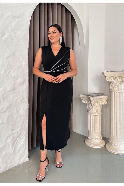 Butik Nilyam Γυναικείο βραδινό φόρεμα μεγάλου μεγέθους με διπλό γιακά με πέτρινη λωρίδα μακρύ ελαστικό βραδινό φόρεμα 24788 μαύρο
