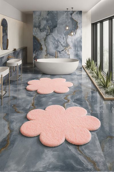KEVLİNE Bathroom Mat Round Daisy Shaped Double Toilet Set 80X80 - 60X60, Soft Soft Key