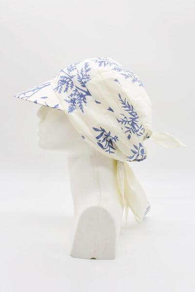 Külah Kadın Mavi Çiçekli Bağlamalı Eşarp Siperli Bandana Plaj Şapkası