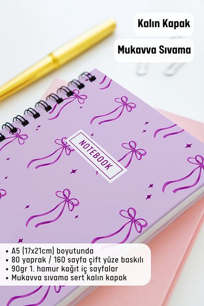 Eldesen Tasarım A5 Spiral Thick Cover Lined Notepad, 80 Sheets 160 Pages, Purple Bow