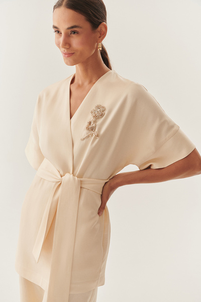 Exquise Kruvaze Yaka Yarasa Kol İşleme Detaylı Rahat Kalıp Bej Ceket