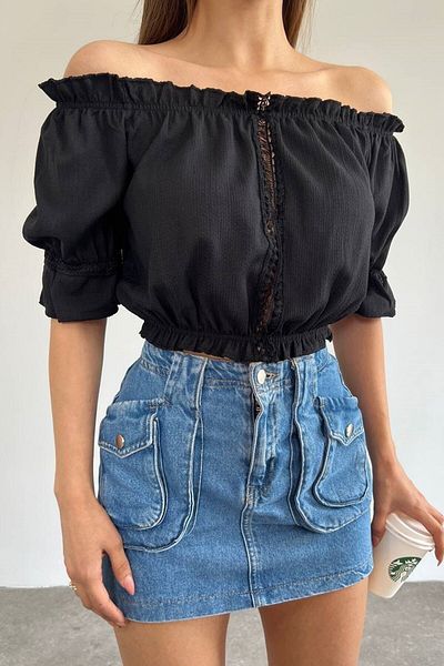 lovebox Țesătură de bumbac pentru femei, guler fără bretele, talie elastică, detaliu, design elegant, bluză neagră 40/42 cm 10369