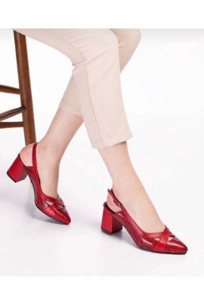 Yılmaz Exclusive - Hakiki Deri Kırmızı Klasik Kalın Topuklu Ayakkabı