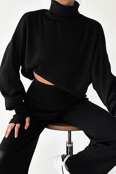 WOMAN VISION Set pantaloni crop din tricotaje negre cu talie înaltă și îmbrăcăminte manuală - 015