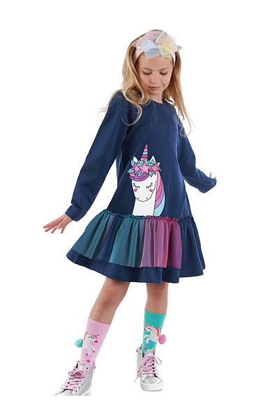 Denokids Tulle Unicorn Girl's Navy Blue Dress