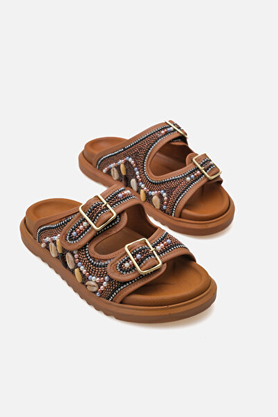 Yılmaz Exclusive - Women's Genuine Leather Buckle Tan Slippers