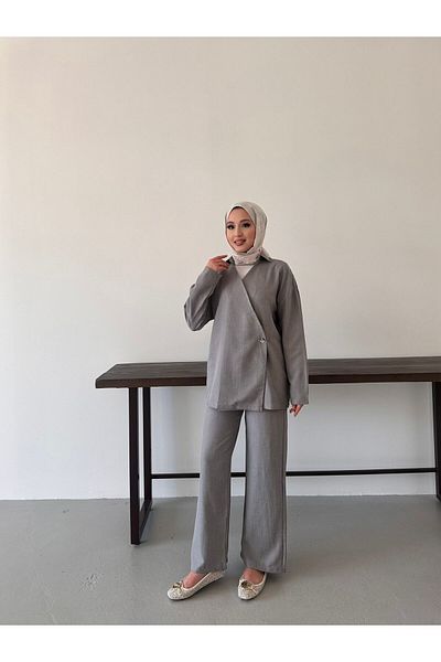 only moon Women's Clothing Linen Gray Tunic-Pants Set
