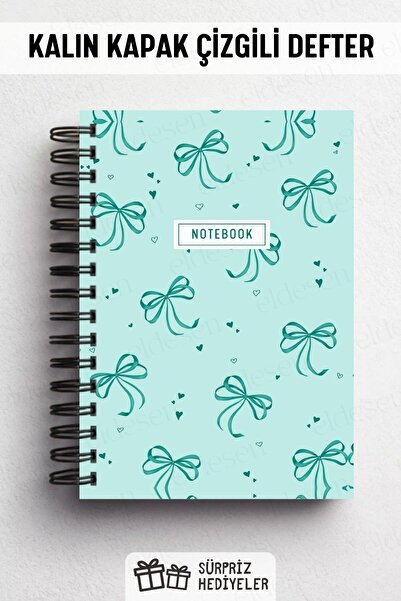 Eldesen Tasarım A5 Spiral Thick Cover Lined Notepad, 80 Sheets 160 Pages, Turquoise Bow