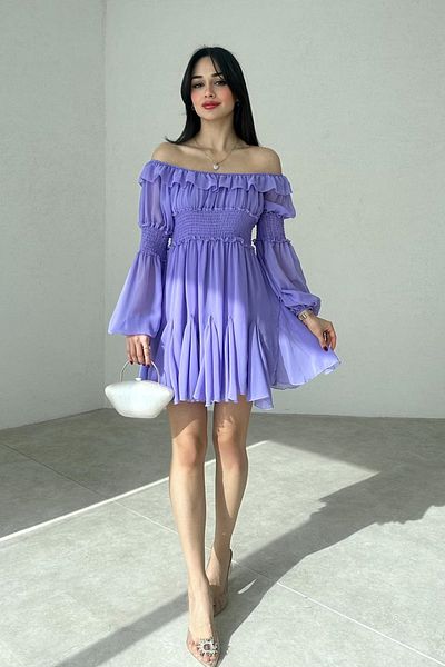 lovebox Women's Chiffon Fabric Gipe Design Strapless Collar Long Sleeve Mini Lilac Evening Dress 080
