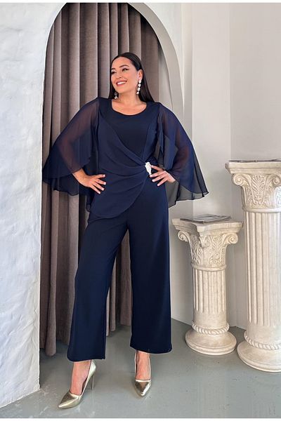 Butik Nilyam Дамски гащеризон с кръгло деколте, шифон и ръкави, големи размери, с брошка и детайли, 24852