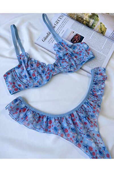 Kırmızı Mavi Romantik Tül Detaylı Kır Çiçeği Desenli Fırfırlı Bralet Sütyen T...