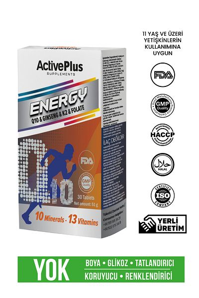 Active Plus Energy 30 Tablets Ginseng Q10 Folat K2