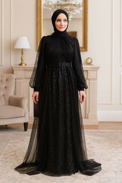 Neva Style Βραδινό φόρεμα με παγιέτες μαύρο χιτζάμπ 5441s