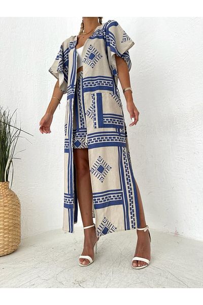 SHUGAA Set kimono de vară din in, cu pantaloni scurți cu model etnic pentru femei