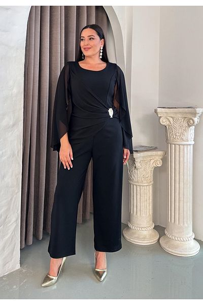 Butik Nilyam Γυναικεία φόρμα βραδινού φόρεμα με λαιμόκοψη σιφόν με λεπτομέρεια καρφίτσας 24851