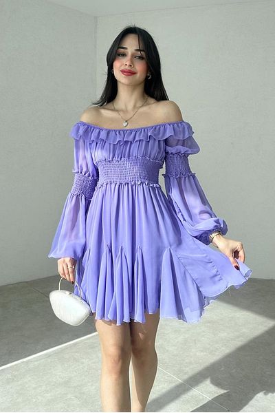 lovebox Women's Chiffon Fabric Gipe Design Strapless Collar Long Sleeve Mini Lilac Evening Dress 080