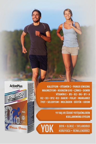 Active Plus Energy 30 Tablets Ginseng Q10 Folat K2