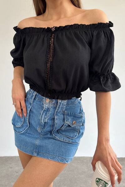 lovebox Women's Cotton Fabric Strapless Collar Waist Elastic Detailed Stylish Design Black 40/42 Cm Blouse 10369