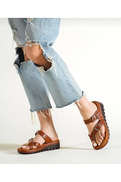 Yılmaz Exclusive - Women's Flip Flop Buckle Tan Slippers