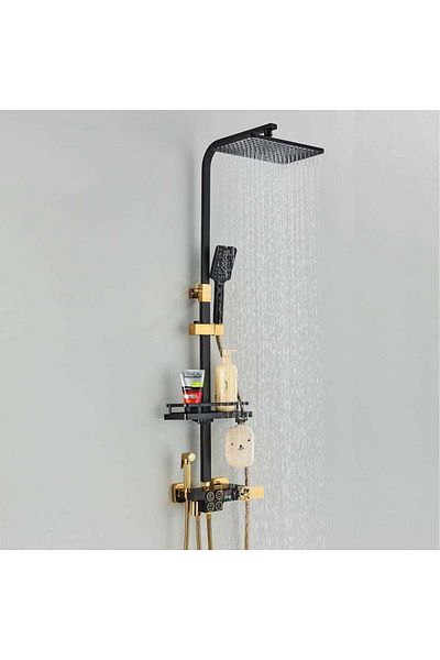 CasaVie Shower Column With Thermostat And Temperature Display, Black With Gold, With Rain Effect, 1431