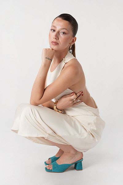 Bestyle Γυναικείες παντόφλες με τακούνι Anna από γνήσιο δέρμα τιρκουάζ
