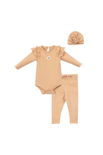Necix's Shoulder Ruffle Floral Snap Body Pants Beanie Set Camel