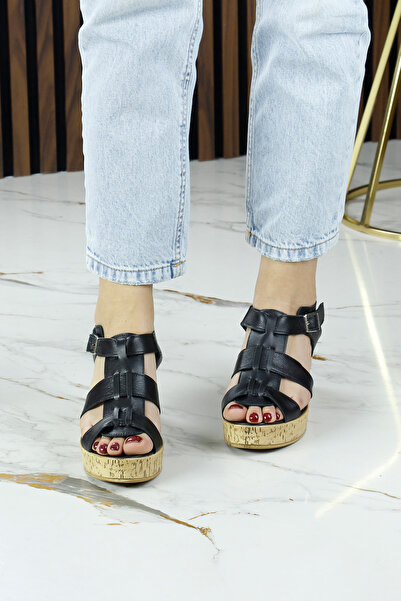 Erkan Saçmacı Xena Black Genuine Calfskin Cork Sole Look Wedge Heeled Gladiator Sandals