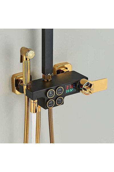 CasaVie Shower Column With Thermostat And Temperature Display, Black With Gold, With Rain Effect, 1431