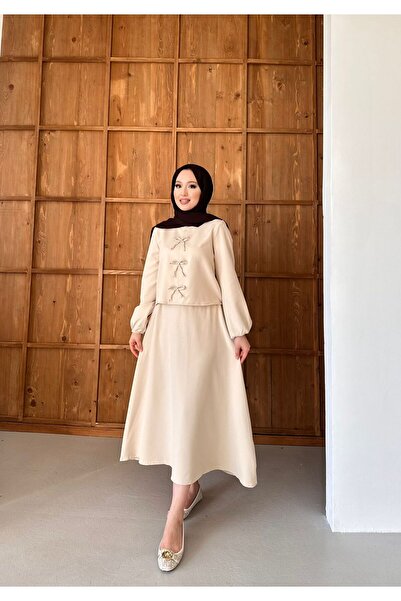 New Lune Women's Clothing Scuma Fabric Beige Color Front Bow Detailed Skirt Suit Suitable for Hijab Double Suit,