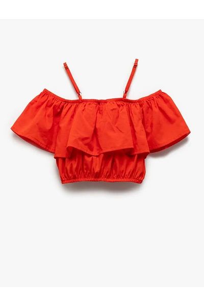 Koton Cotton Off-Shoulder Thin Straps Layered Ruffle Crop Blouse