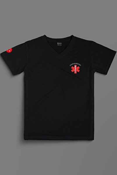 Pratik Medikal تي شيرت أسود للمسعفين على شكل حرف V للجنسين