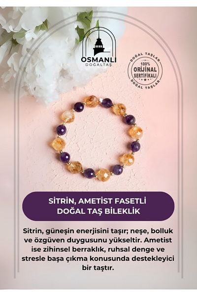 OSMANLI DOĞAL TAŞ Certified Citrine, Amethyst Faceted Natural Stone Bracelet