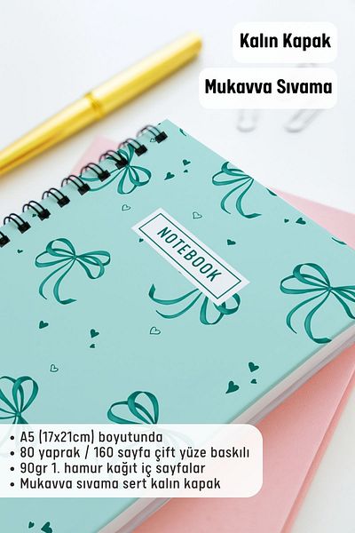 Eldesen Tasarım A5 Spiral Thick Cover Unlined Notepad, 80 Sheets 160 Pages, Turquoise Bow
