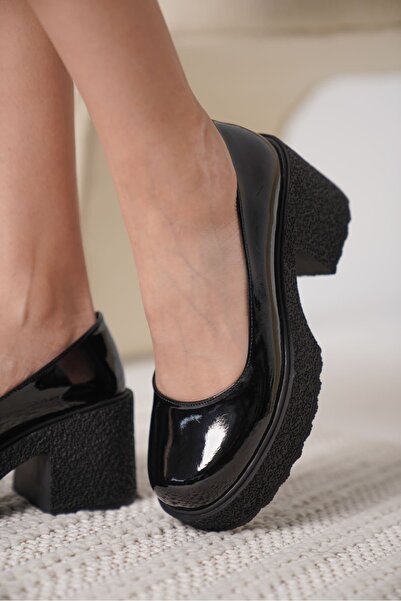 Zerenyus Talya Premium Black Patent Leather Platform Heeled Women's Casual Shoes