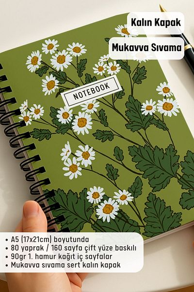 Eldesen Tasarım A5 Spiral Thick Cover Unlined Notepad, 80 Sheets 160 Pages, Green Daisy