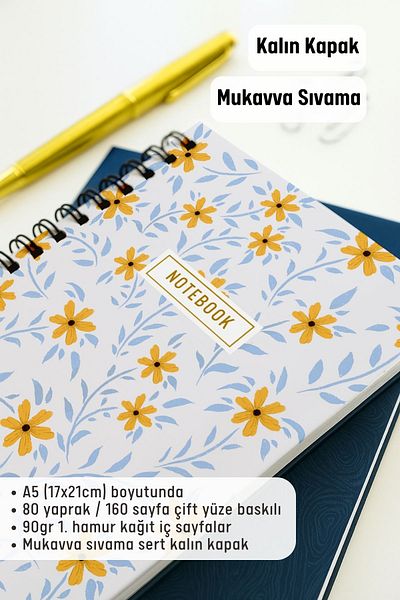 Eldesen Tasarım A5 Spiral Thick Cover Unlined Notepad, 80 Sheets 160 Pages, Yellow