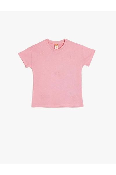 Koton Baby Girl Flower Embroidered Short Sleeve Cotton Basic T-Shirt 5Smg10063Ak Pink