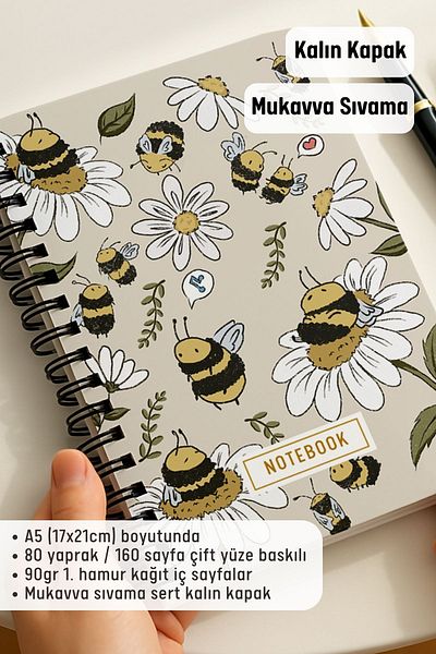 Eldesen Tasarım A5 Spiral Thick Cover Unlined Notepad, 80 Sheets 160 Pages, with Bee